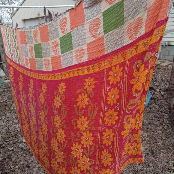 Kantha Quilt Orange Green Squares 54" x 89" Premium 3 Layer Cotton K60. - Picture 3 of 3